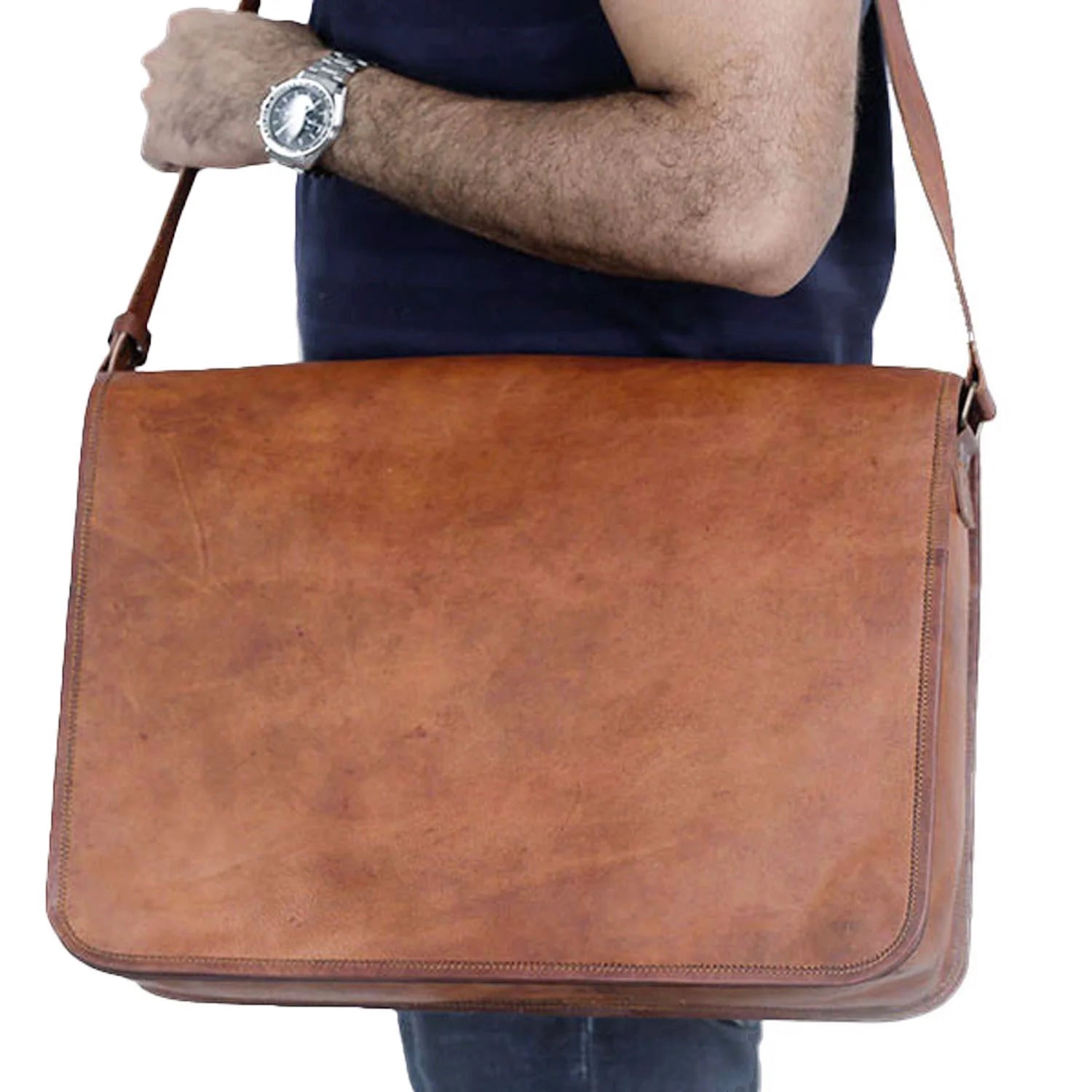 16-Inch Full Grain Leather Laptop Messenger Bag – Vintage Satchel for Men