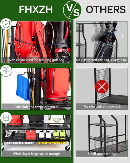 Golf Bag Storage Garage Organizer- Golf Bag Stand Fit for Golf Bags, Golf Clubs, Golf Balls, Golf Equipment Accessories, Golf Bag Storage Rack with Wheels for Garage